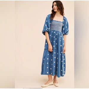 Free People Dahlia Embroidered Blue Floral Smocked Dress